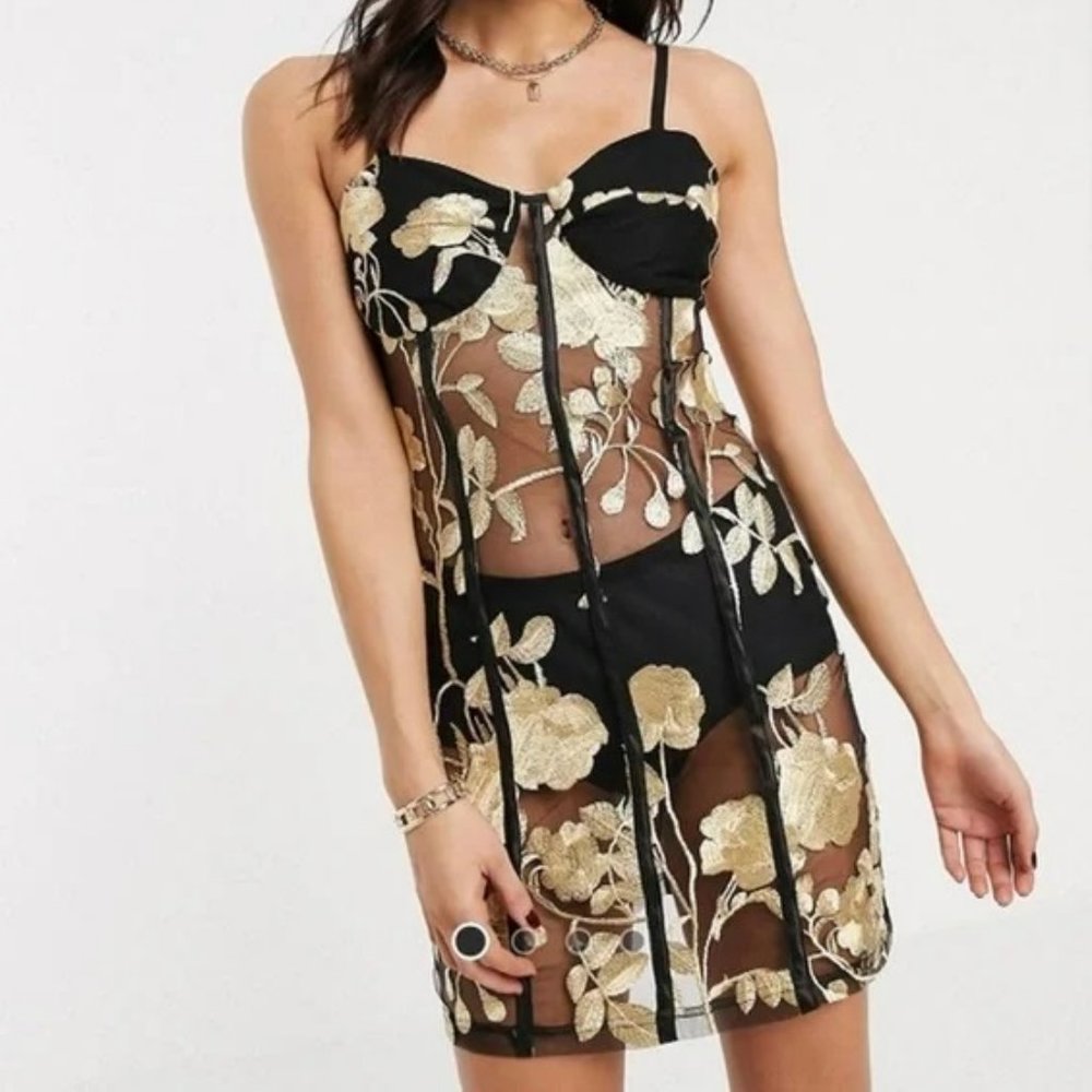 Jagger and Stone transparent bustier mini dress with gold lace,